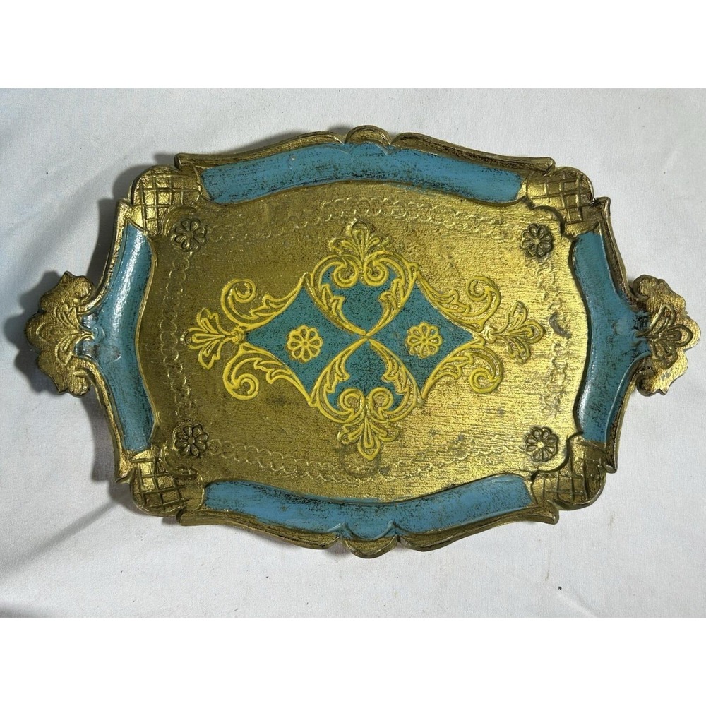 Vintage Italian Florentine Gilt Blue Turquoise Tray Gold MCM Mid Century